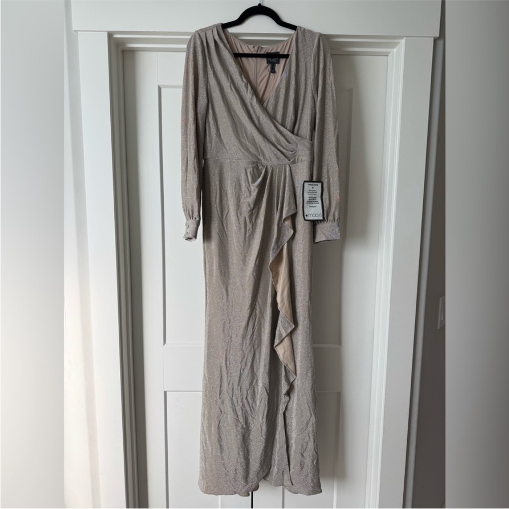 Macy's Tan Long Sleeve V-Neck Gown